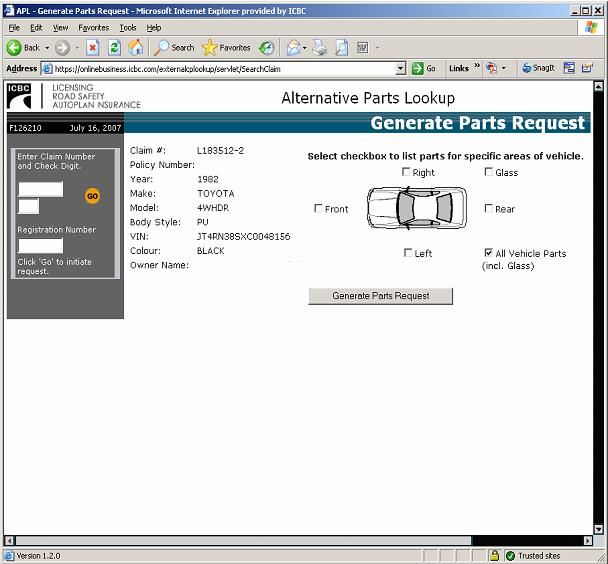 Generate Parts Request This screen allows you to verify the vehicle information and specify which area you wish to search for parts. 1.