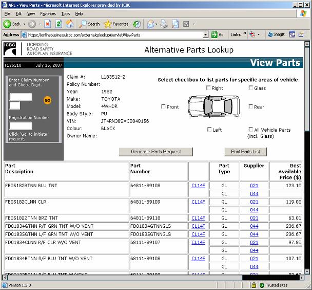 View Parts Once you request the parts from the Generate Parts Request you will be able to see what parts are available for the specified area of the vehicle.