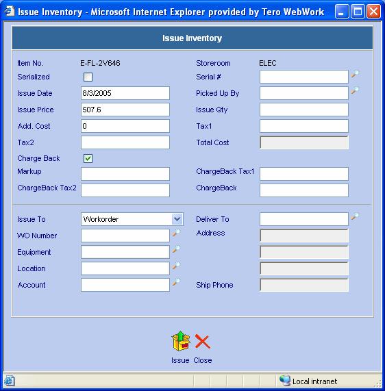 16.6 Item Issues The Web Work Issuing feature is used to issue materials to a Work Order, Equipment, a Location, an Employee or an Account. 16.6.1 Issuing Single Inventory Item Perform query to retrieve the storeroom record from which items are to be issued.
