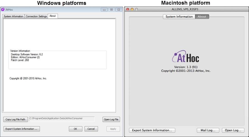 AtHoc Desktop App User Guide The Connection Settings tab, which appears only on Windows platforms, provides options for automatic configuration and use of a proxy server.