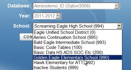 Click the mouse on the Change School node. The Logon screen will display and will indicate the database you are currently accessing along with the school.