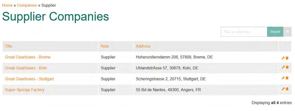 You can display and edit existing suppliers in a dedicated Menu option, select Suppliers in the Partners section in the View menu In this view, you are able to manage existing suppliers only.