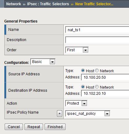 Setting Up IPsec To Use NAT Traversal on One Side of the WAN This screen snippet is an example of the completed Traffic Selector screen at Site A. i) Click Finished.