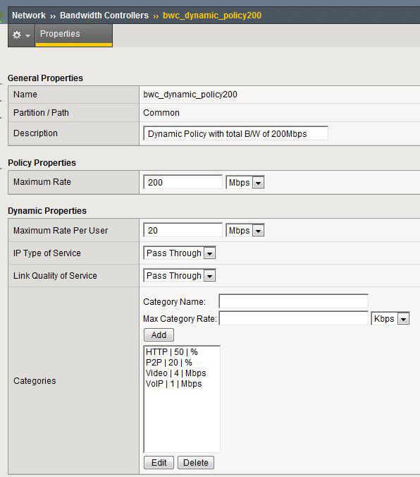 Managing Traffic with Bandwidth Controllers Figure 9: Example of completed dynamic bandwidth control policy screen In the example, the ISP sets the maximum bandwidth at 200 Mbps.
