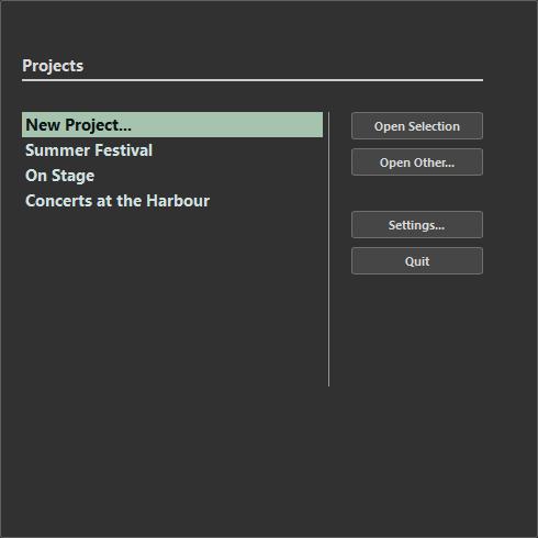 Project Handling Projects Dialog Projects Dialog The Projects dialog is displayed when you open Nuendo Live. It allows you to open an existing project or to create a new project.