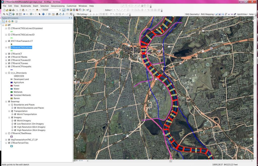 Figure 19: Levees in the Vicinity of Hartford, CT represented with the pink lines. 1.5.4 Bridges Nine bridges were modeled along this reach.