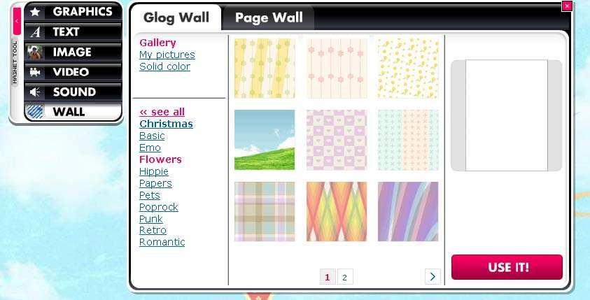 ) The Glog Wall tab places the background on the actual glog. The Page Wall tab changes the color or pattern of the border outside of the glog wall.