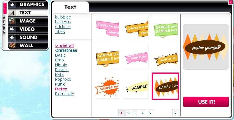 Text: To add text, select TEXT from the toolbar. You may choose a textbox (default), a title box, bubbles or stickers for your text. A wide variety of text boxes are available from each category.