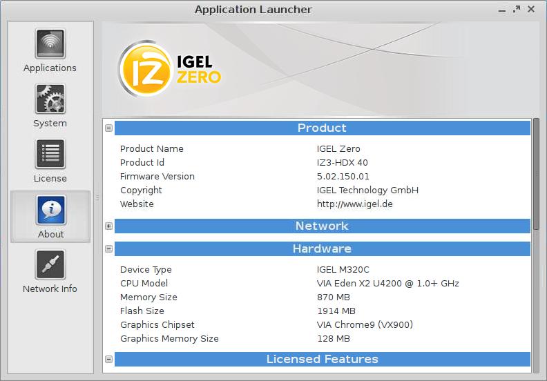 3.1. General System Information Within the Application Launcher you will find the Information page with important system data such as the firmware version, licensed services and hardware