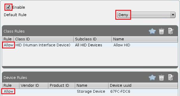 The set rule prohibits the use of USB devices on the thin client. A class rule allows the use of all entry devices (HID = Human Interface Devices).