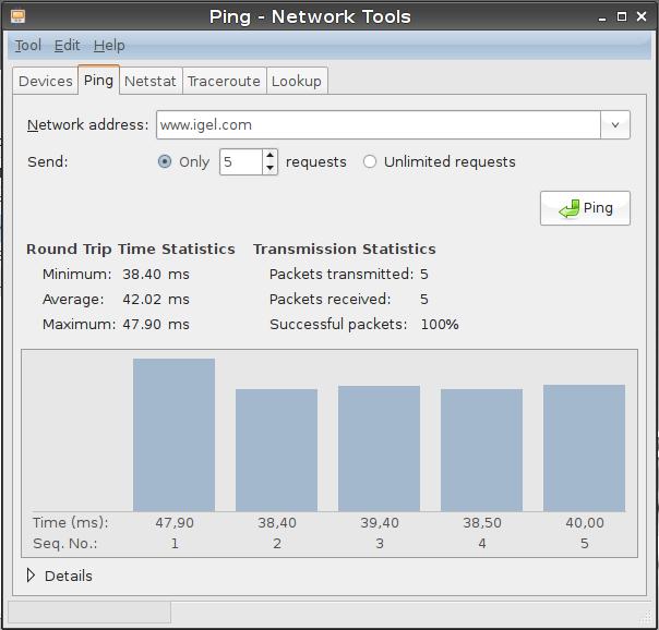 6.18. Network Diagnostics Menu path: Setup > Accessories > Network Tools The IGEL Universal Desktop Linux firmware features a number of tools for network analysis.