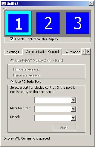 4. Press the Communication Control tab, and then enter the appropriate information. Port List Control Port Manufacturer Model Action Select the COM port for the projector or display.