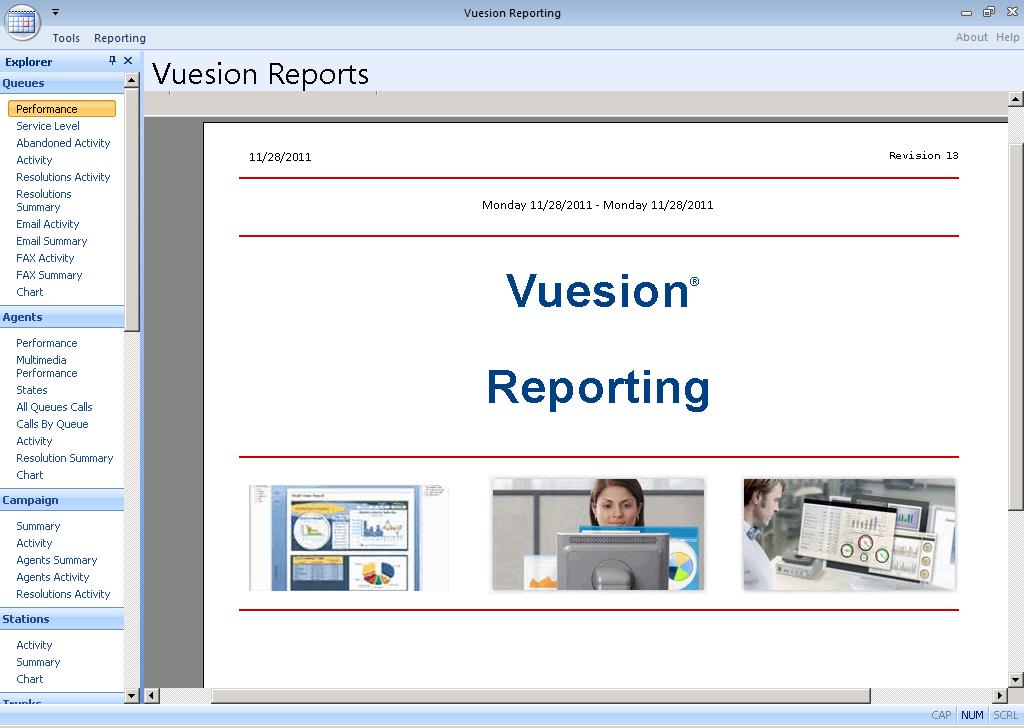The Vuesion CDR/ACD Reports screen is displayed