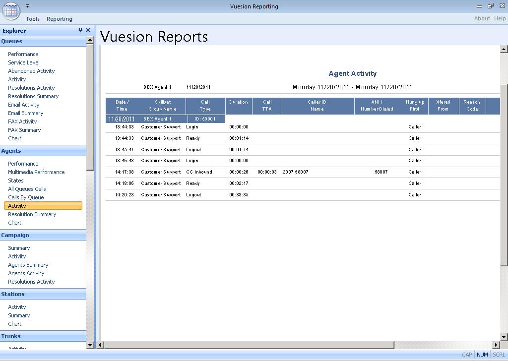 The Vuesion CDR/ACD Reports screen is updated with the Agent Activity report.