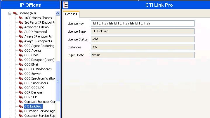Scroll down the left pane and select License > CTI Link Pro, to display the CTI Link Pro screen in the right pane.