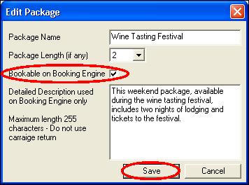 The Edit Package window is displayed. Enter a checkmark in the Bookable on Booking Engine field. d. Click the Save button.