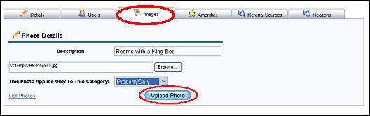 4. Click the Upload Photo button. AMENITIES (OPTIONAL) Amenities are NOT uploaded from RezStream Professional to the RezStream Booking Engine.