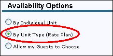 The RezStream Booking Engine default setting is to display availability by individual unit. With this option selected, the Internet guest enters arrival and departure dates.