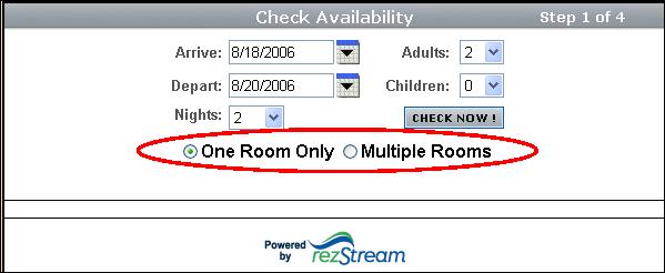 The third option, Allow my Guests to Choose, displays two additional radio buttons on the Check Availability form allowing guests to specify if they are booking One Room Only or Multiple Rooms.