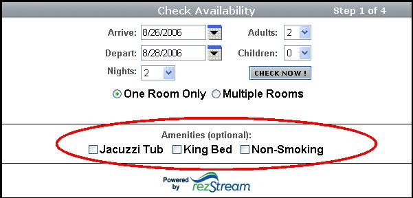 3. Click the Amenities tab. 4. Enter a checkmark next to the amenities that describe the selected room 101 - King. Entering a checkmark next to the amenity also flags it initially as searchable.