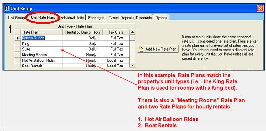 The rate plans displayed in the RezStream Booking Engine are defined in RezStream Professional by clicking Tools > Unit and Rate Setup and selecting the Unit Rate Plans tab.