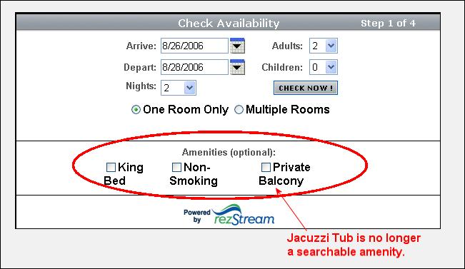 By de-selecting Jacuzzi tub in the Assign Unit Amenity Searchability form, it no longer displays as a searchable amenity on the Check Availability form.