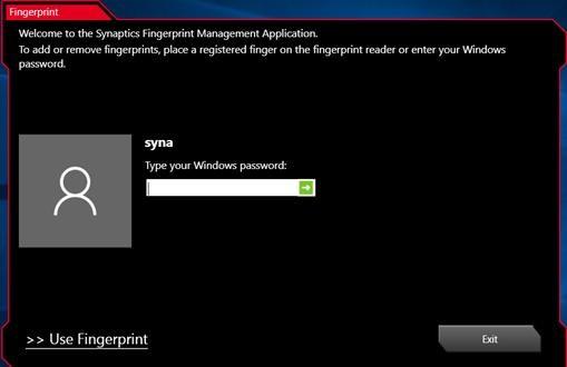 Selecting Fingerprint Reader Method: Enter your current windows password.