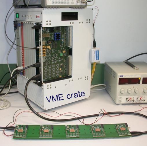 Figure 1: MPD-INFN system components: the front end card (FEC), the backplane that can host up to 5 cards, the VME controller in VME64x standard; cards and MPDs communicate by HDMI cables.
