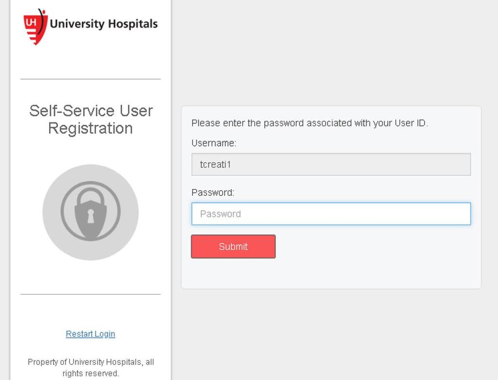 4. Click Submit. The Self-Service User Registration Screen appears, prompting you to enter your password. 5.