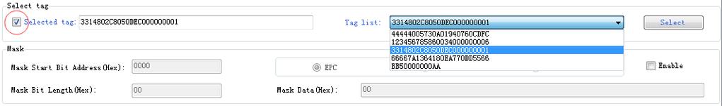 5 EPCC1-G2 Test Read/ Write Tag 5.1 Select Tag Steps: (1) Select a tag from the drop-down list of tags. (2) Click Select". (3) Check Selected tag.