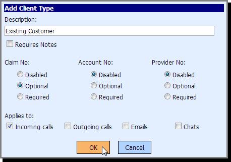 For each type added you can then define further requirements such as notes or reference fields. To create a new Caller Type click Add.