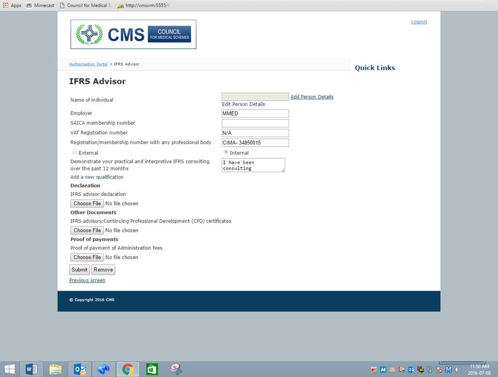 3.3.1 Internal IFRS Advisor Complete the internal IFRS Advisor details and click on submit.