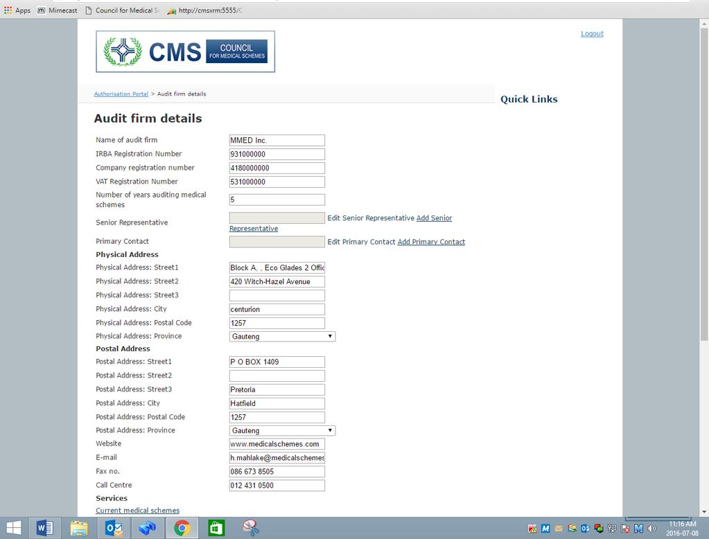 After clicking the submit button the Portal will require completion of audit firm senior representative and contact person.