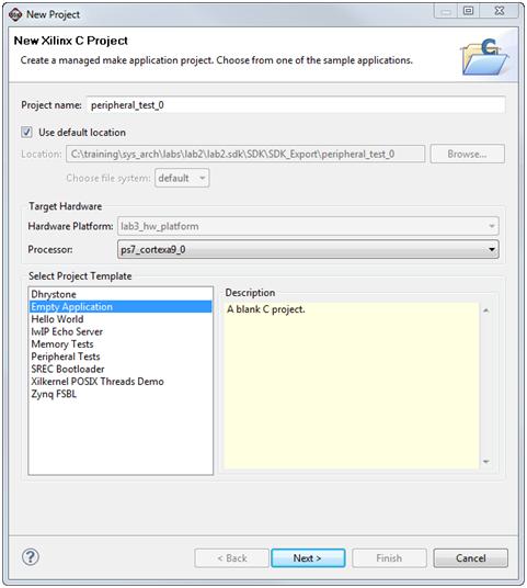 Integrating Fabric on the Zynq Extensible Processing Platform Lab Workbook 3-1-5. Select the Empty Application project template to create a blank C project. Name the project peripheral_test_0.
