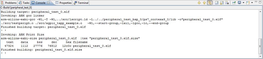 The peripheral_test_0 application contains all the source files needed to build the object executable.elf file. The project will automatically build without errors.