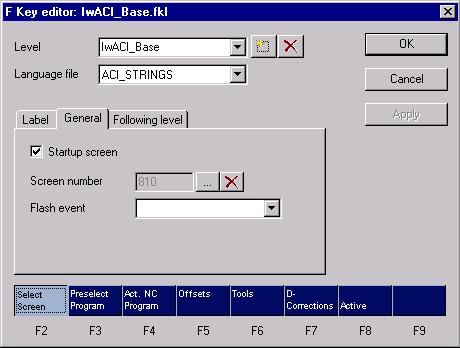 NC Screen Configuration of NC Screen and Header (MTC 200) 5-13 Fig. 5-14: F key editor ACIconfigFTasteneditor.