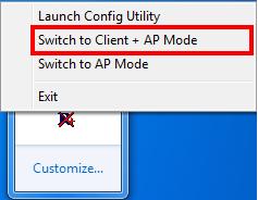 Right-click the tray icon and select switch to Client + AP Mode. 4.2.1 Configuration You can make basic configuration under this window 1.