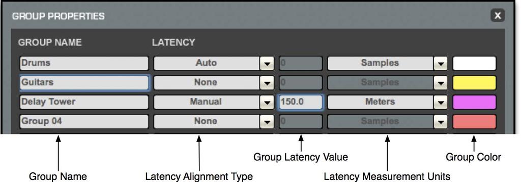 In the Group Properties window, you can create up to 16 processing groups, each of which can contain any number of Racks.
