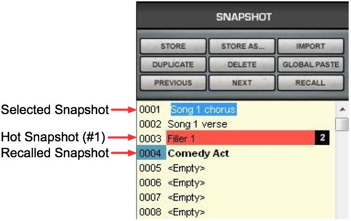 Once you have named a few Snapshots, the Snapshot Pane may look like this: Note that selected Snapshots are highlighted, and the currenlty recalled Snapshot s name appears in boldface and its number