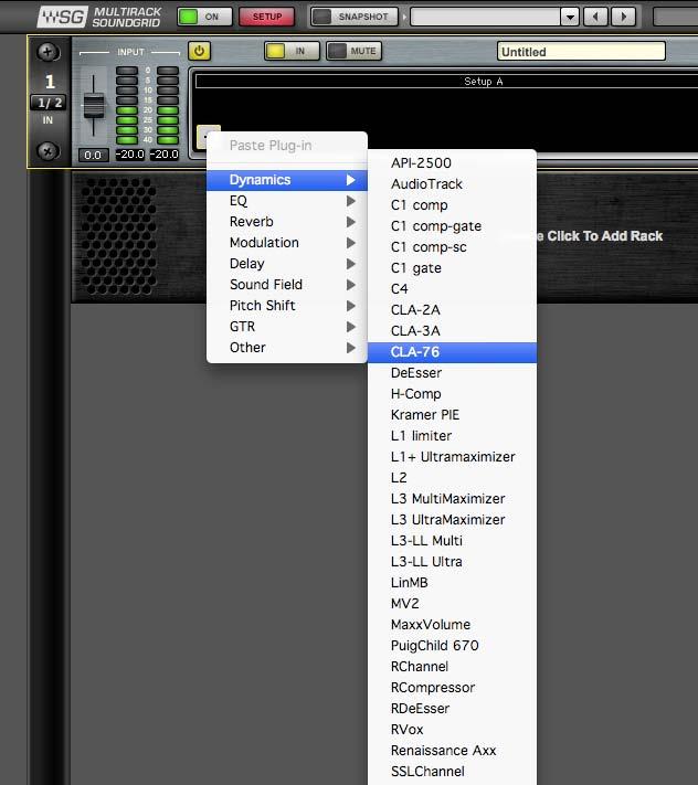 Click on the plus (+) sign near the Input Fader to add a plug-in from the pull-down list. Plug-ins are organized by type of processor.
