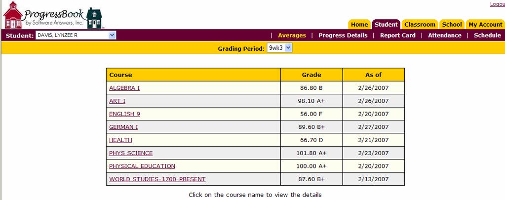 There are 5 links on the student tab: Averages, Progress Details, Report Card, Attendance, and Schedule. The picture below displays the Averages screen.