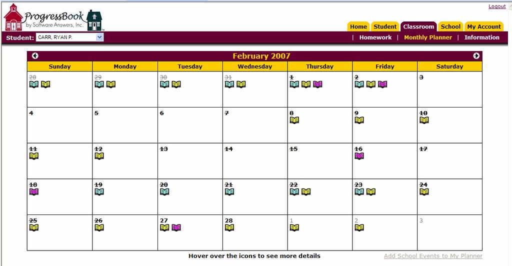 The Monthly Planner page has different color icons for each course.