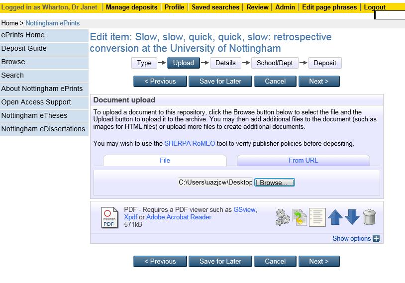 2. How to place an embargo using eprints 1. Identify from RoMEO (www.sherpa.ac.uk/romeo/search.php) or your contract when you need to set the embargo until. 2. Upload your PDF to the system.