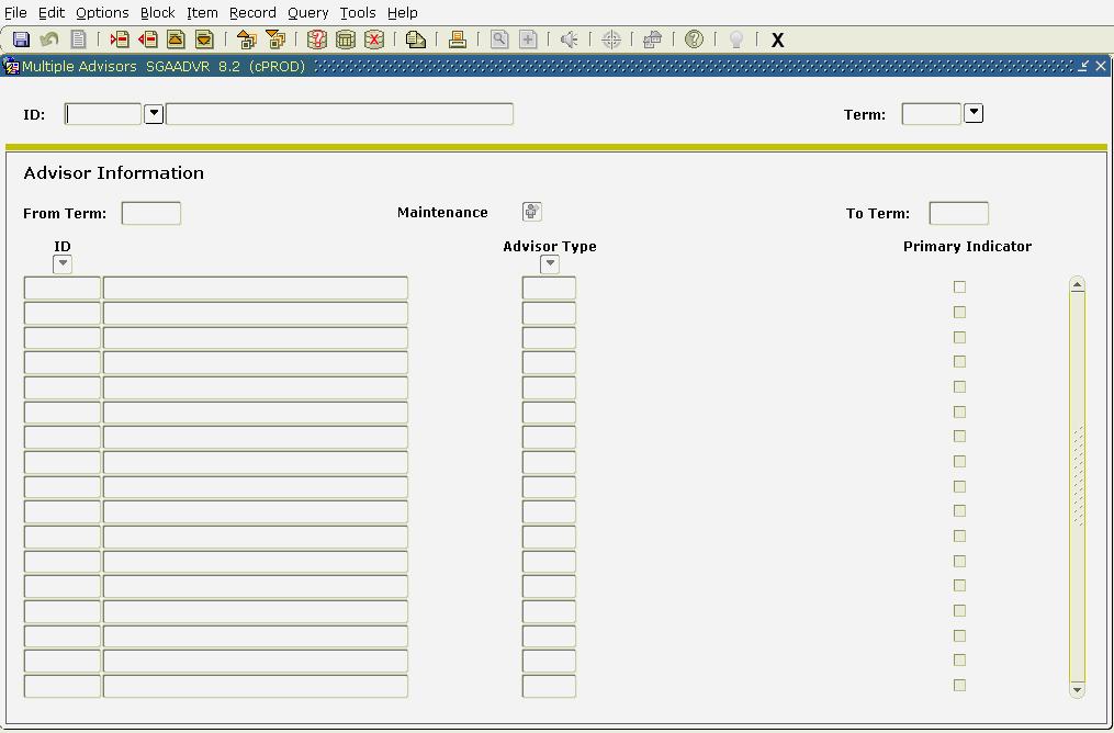 SGAADVR Multiple Advisors Form The Multiple Advisors form, shown below, is used to assign advisors to a student for the effective term during which they are registered.