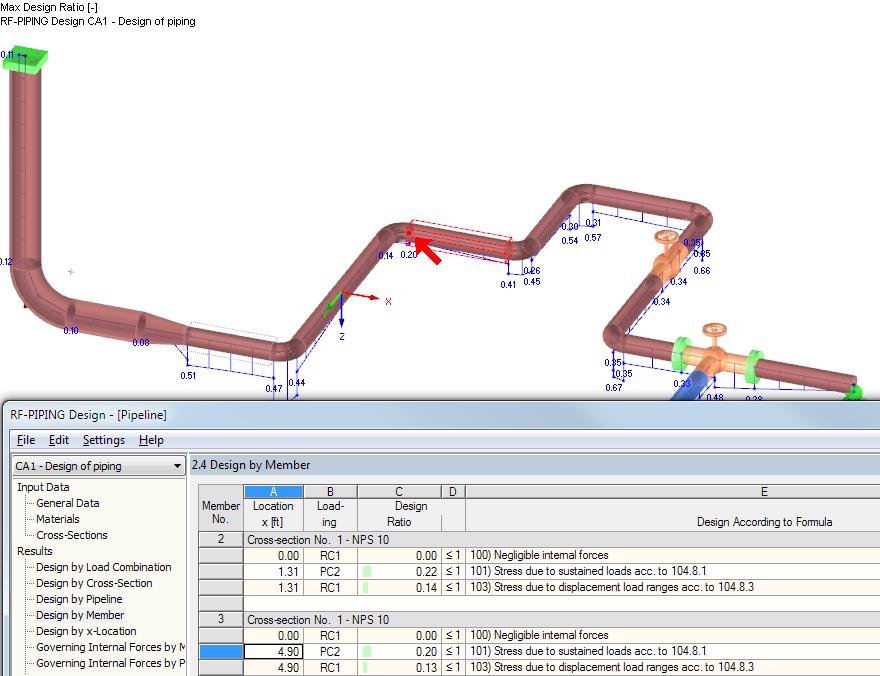 3 RF-PIPING Design 3 3.5.1 Results on RFEM Model You can also evaluate the design results in the RFEM work window.