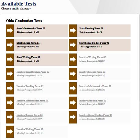 Step 3 Selecting the Test The Available Tests page displays the tests available for data entry. On this page, you can select the test for the student. Figure 6.