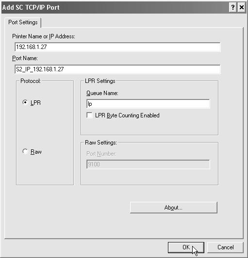 installation" with "LPR Direct Print" selected. If the printer driver is installed using a "Custom installation" with "IPP" selected, the [SC-Print2005 Port] is added.