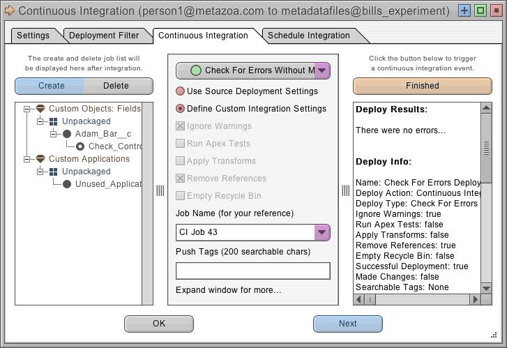 Continuous Integration Interface Once you have selected the style of continuous integration you want, you can manually test the integration and select other settings from the continuous integration