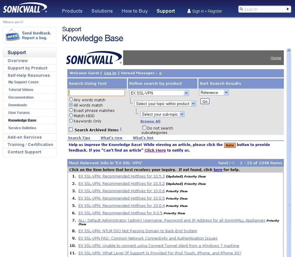 Technical Documentation and the Knowledge Portal Technical documentation is available on the SonicWALL Technical Documentation Online Library, under Support by Product at http://www.sonicwall.