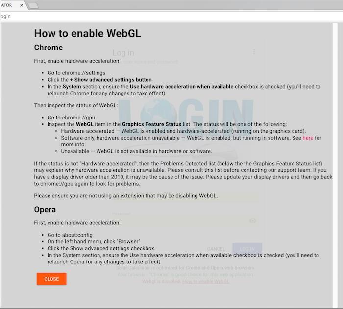 At the login page you can see immediately if WebGL is enabled in your browser.